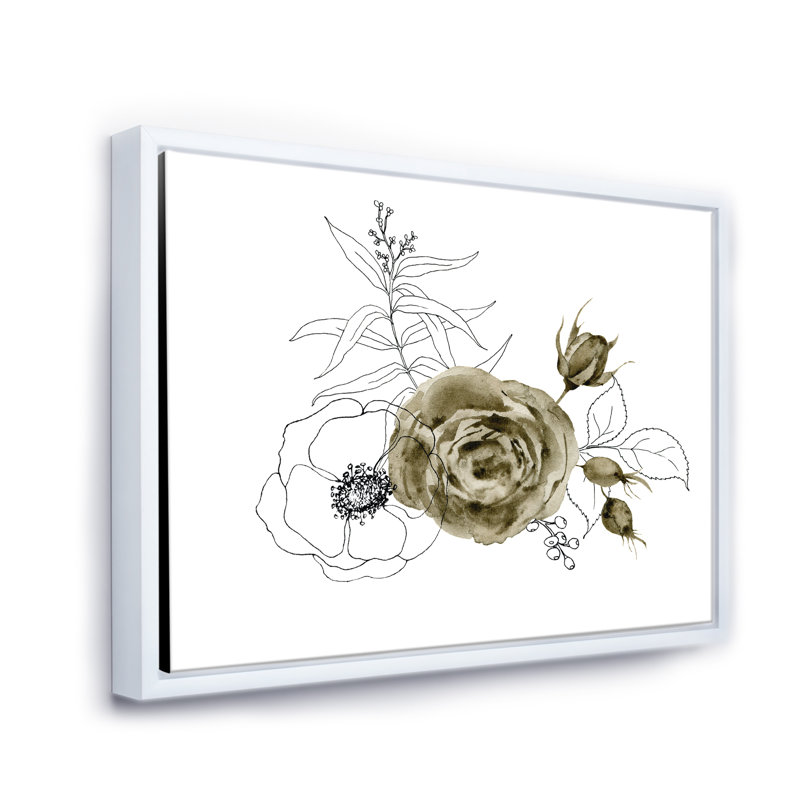 Anémone Bouquet de fleurs avec branches d'eucalyptus I - Peinture sur toile, H 12 po x l 20 po x p 1 po, Cadre flottant blanc