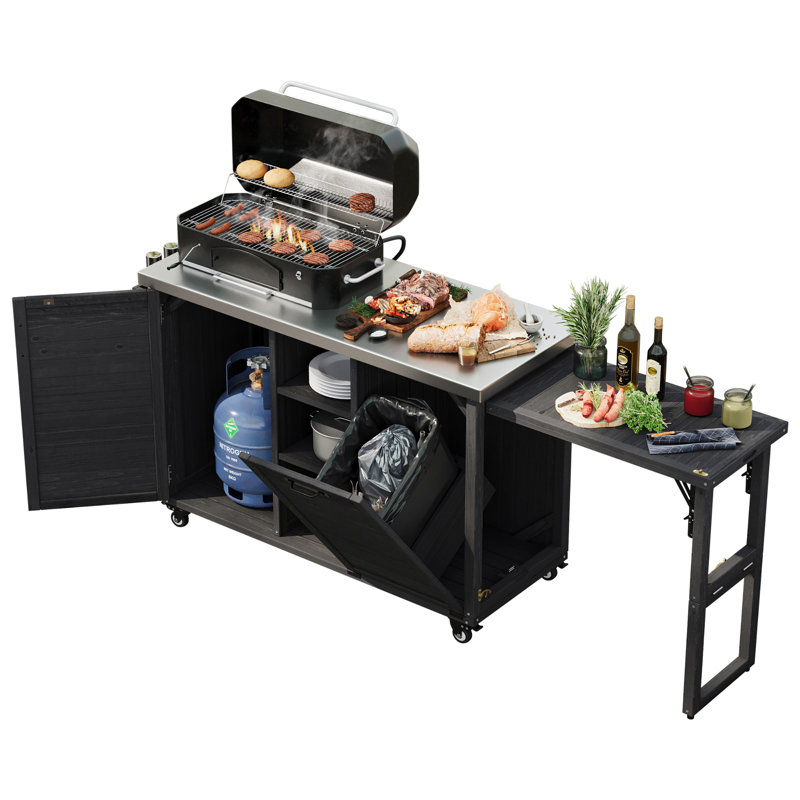 Chariot de gril avec table de barbecue pliable, cuisine extérieure avec rangement pour poubelle et plateau en acier inoxydable