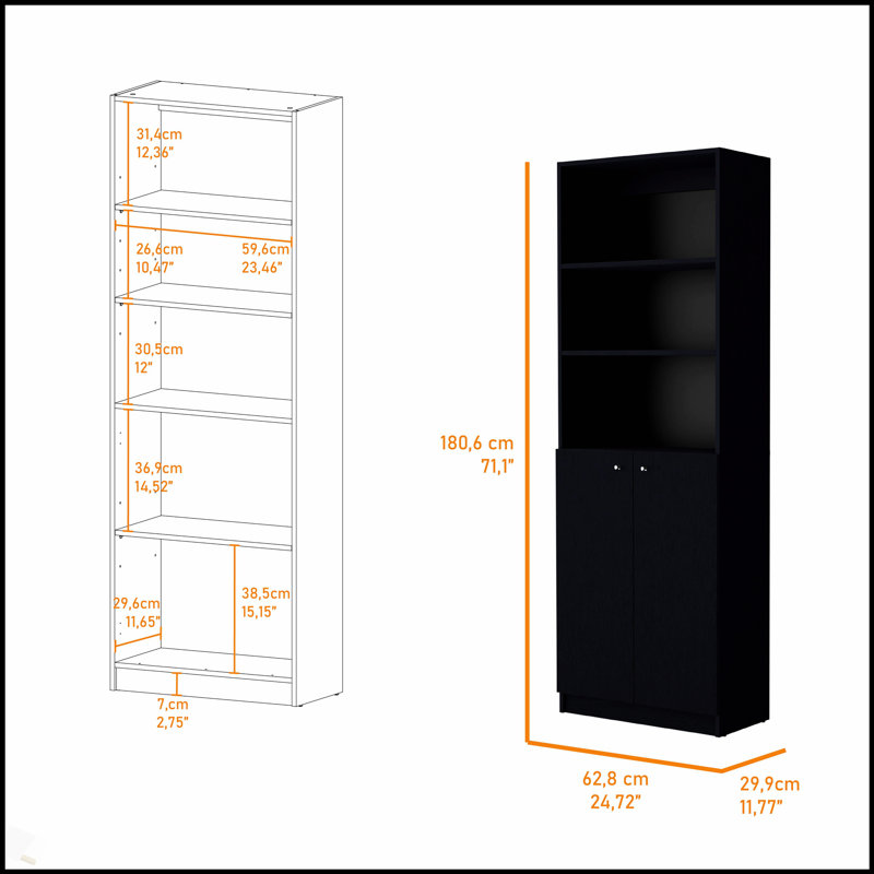Élégante bibliothèque noire à 2 portes avec rangement dissimulé et tablettes spacieuses, pour un décor moderne et traditionnel.