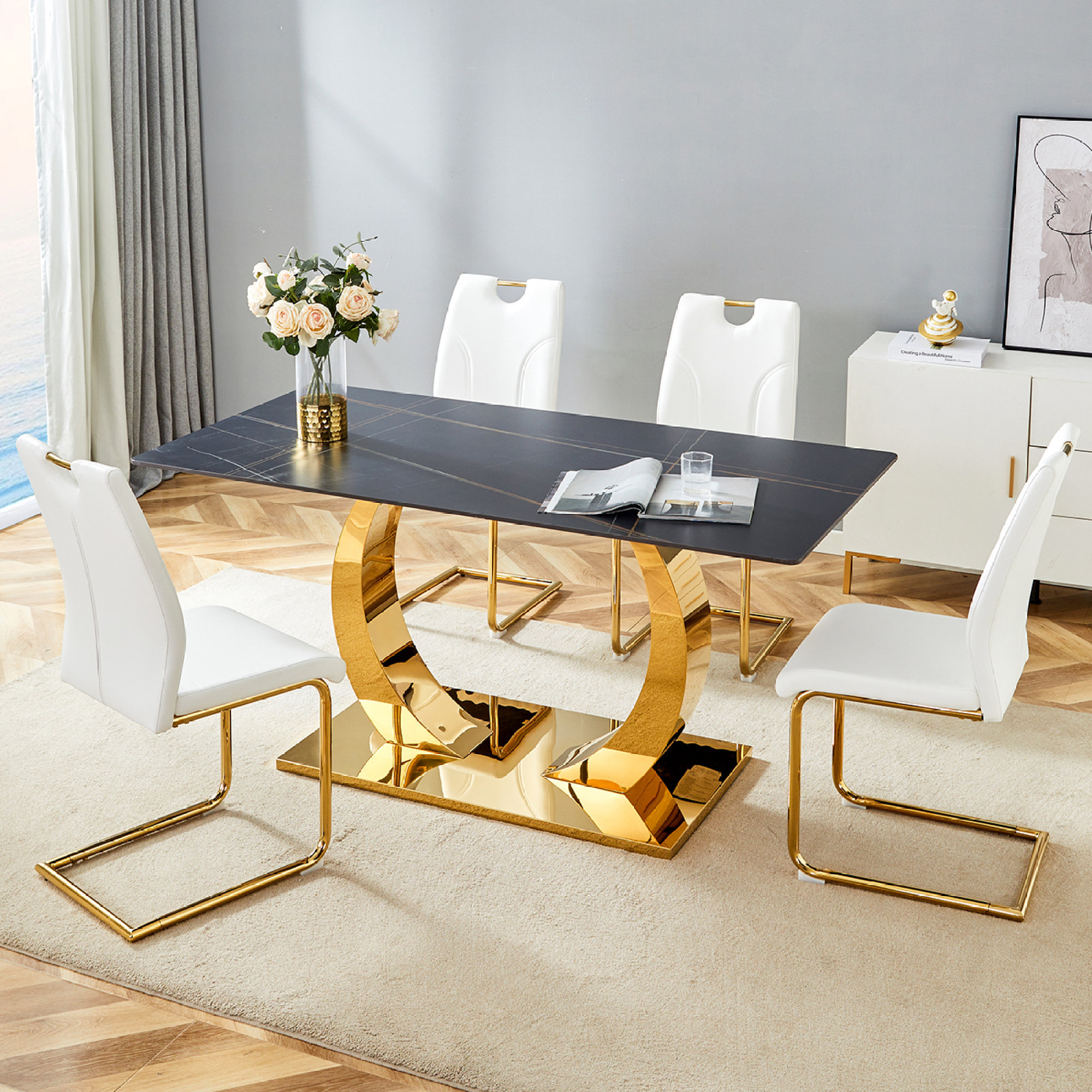 Everly Quinn "x31.5" sintered stone dining table with black texture top ...
