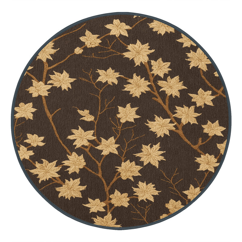 Machine Washable Botanical Brown Area Rug, Round 5'