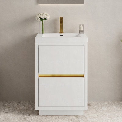 Meuble-lavabo autoportant 24 po avec lavabo, meuble-lavabo avec comptoir en résine de pierre et tiroirs à fermeture en douceur 24 po