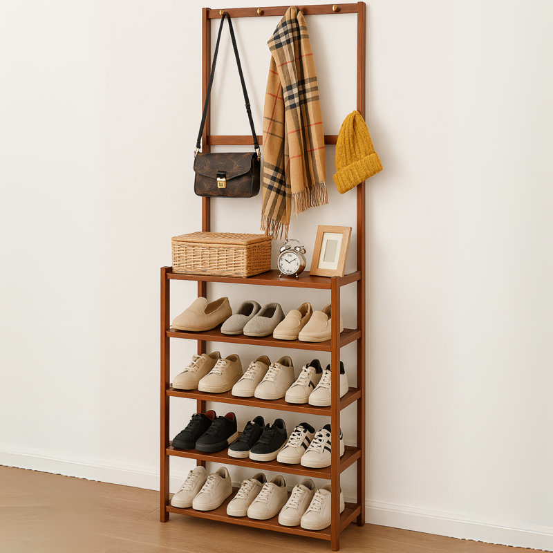 Solid Wooden Hall Tree Coat Stand Garment Hanger with Storage Shelves Shoe Organiser Hallway