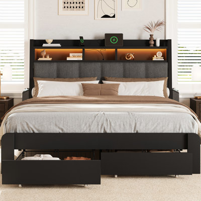 Queen Size Bed with 2 Storage Drawers & Upholstered Headboard, Platform Bed Frame with Led Lights & Charging Station, Black