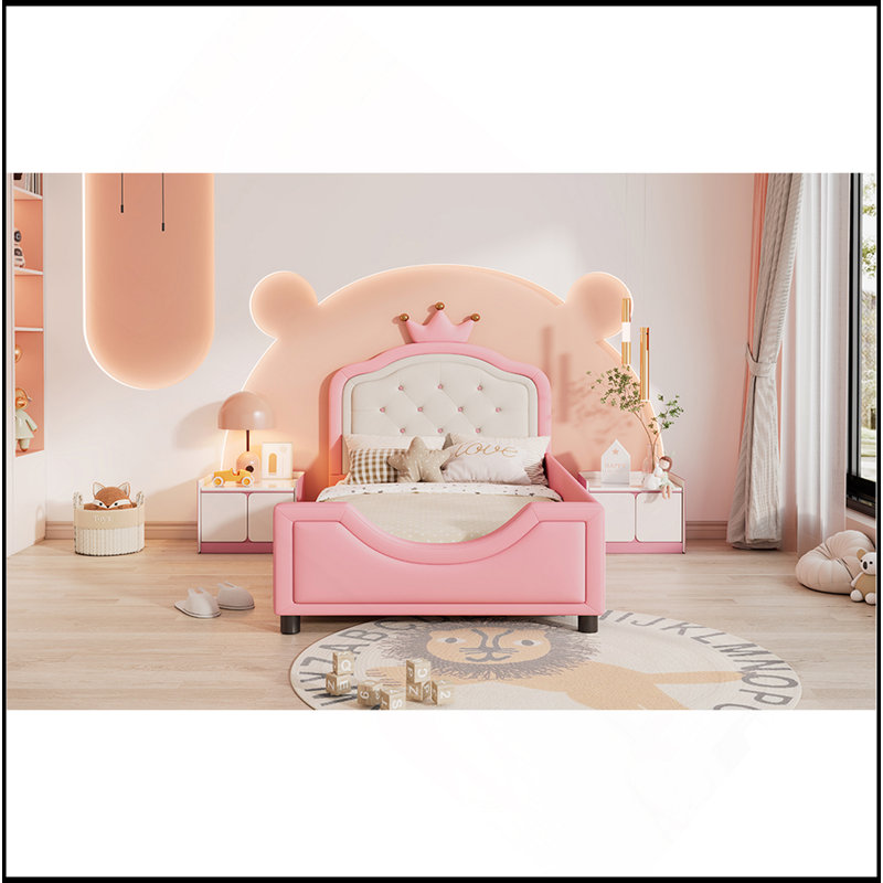 Mignon lit de jour simple tapissier en similicuir avec tête de lit capitonnée pour enfants