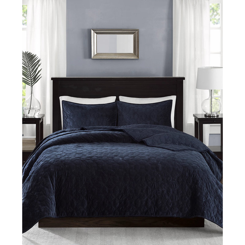  Ensemble de couvre-lit réversible en faux velours 3 pièces, Bleu