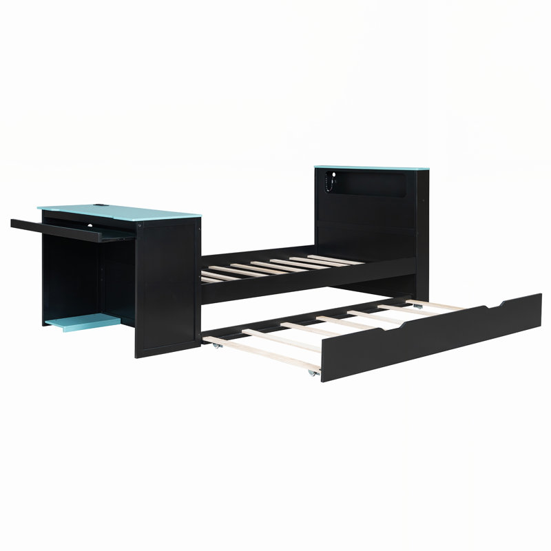Lit de jour en bois avec couchette, bureau, lumière DEL et port USB, Lit simple, Noir + bleu