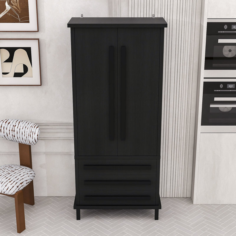Grand garde-manger autoportant avec tablette réglable, tiroirs de rangement et support anti-basculement, Noir