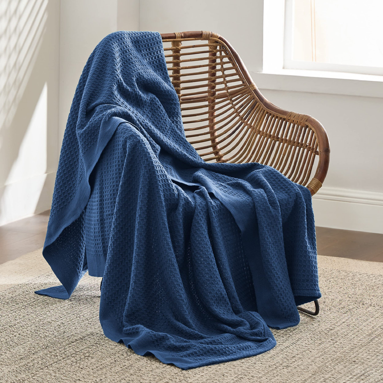 Bedsure Cotton Waffle Weave Throw Blanket, Navy, Throw XL