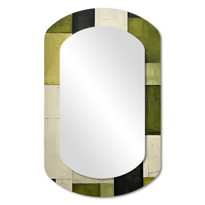 Vanida Green Eco Friendly Cubic collage III - Green Cylinder Large Mirror, Industrial Asymmetrical Unique Wall Mirror Decor, Printed Metal Art
