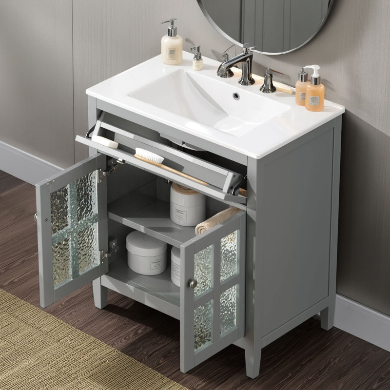 Meuble-lavabo gris de 30 po - Lavabo en céramique comme configuration de base, tablettes réglables pour s'adapter à des objets de différentes hauteurs, plateau rabattable pour ranger de petits objets, pieds en bois massif + boutons argentés + charnières rembourrées pour plus de commodité et de beauté