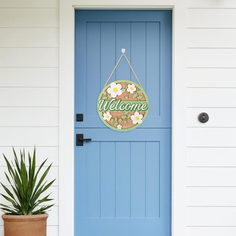 3d Spring Welcome Wreath Greenery Spring Porch Wall Decor(11”x11”) Daisy Welcome Wreaths For Front Door Sweet Home Sign 3d Laser Flowers Door Hanger Sign For Front Porch Home Outdoor
