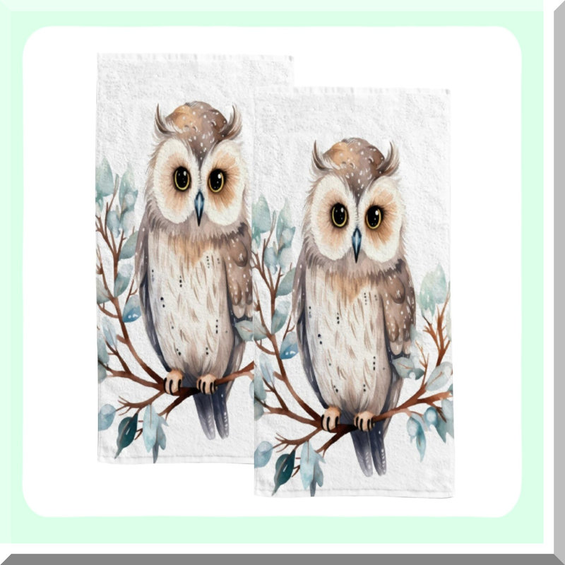 Winter Owl Microfiber Hand Towels - Soft, Absorbent, 30x15 Inches, Set of 2 for Bathroom, Kitchen, Gym, Spa