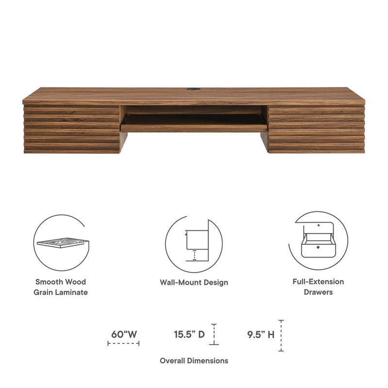 Mid-Century Modern Walnut Grain Wall-Mounted Desk with Drawers