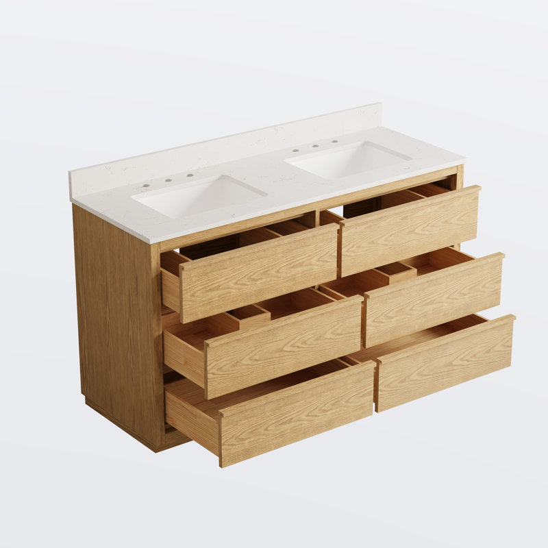 Meuble-lavabo sur pied l 60 po x H 35 po avec structure en bois de chêne, plateau en quartz blanc Carrera, lavabo double, entièrement assemblé