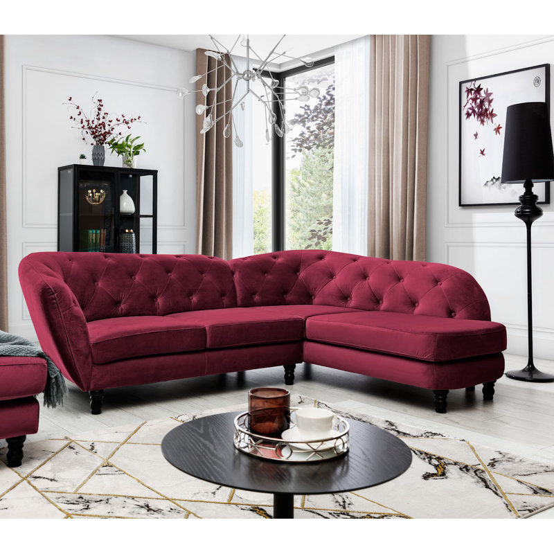 Ephraim 5 Seater Velvet Corner Sectional, Right Hand Facing, Red