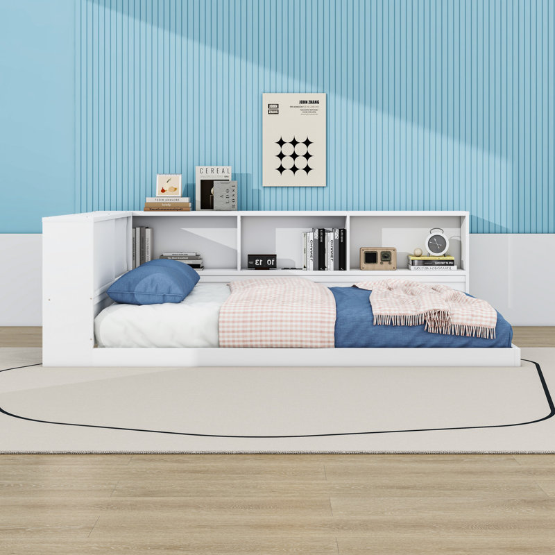 Queen Wood Daybed with Storage Shelves, Charging Station and LED Light, White