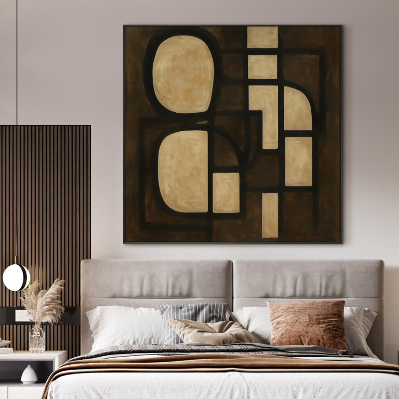 Très grande reproduction d'art géométrique audacieuse - brun foncé et beige, œuvre d'art abstrait Mid-Century pour salon ou chambre à coucher, assemblage requis