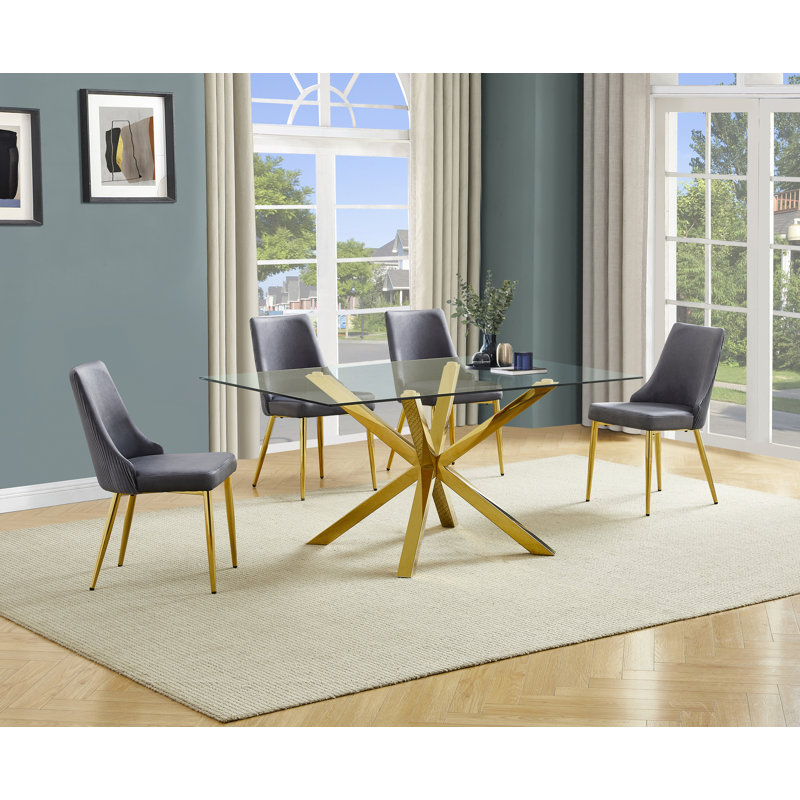 Ensemble de salle à manger en verre avec chaises d'appoint en velours plissé, 5, Gris