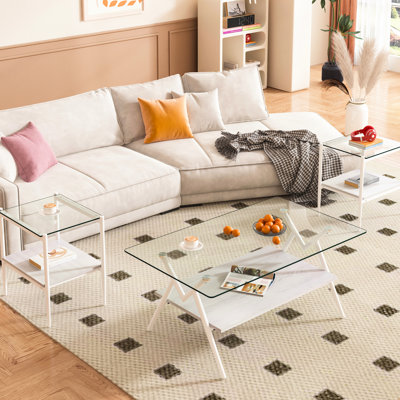 Contemporary Coffee Table And End Tables , Transparent Glass With Reliable , Iron Leg Support, Living Room 19.1"L X 15.35"W 21.14"H Of 3 Tables, Modern Tempered Legs, Layer For Storage, Essentials,