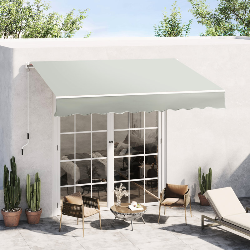 8' X 7' Patio Awning, Retractable Grey Manual Sun Shade - Deck Window Cover, , Heat-Reduction Feature Awning Exterior Cover. Adjustable To Minimize Heat Buildup Region. Frame With Aluminum & Steel.