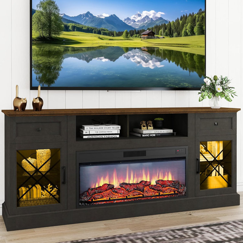 70" Fireplace TV Stand For Tvs Up To 80" With 35" Electric Fireplace, Gray