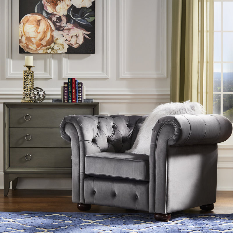 Huskins Velvet Chesterfield Chair, Heathered Dark Gray Velvet