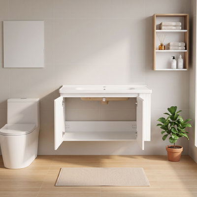Meuble-lavabo mural avec lavabo, tablettes et portes en céramique