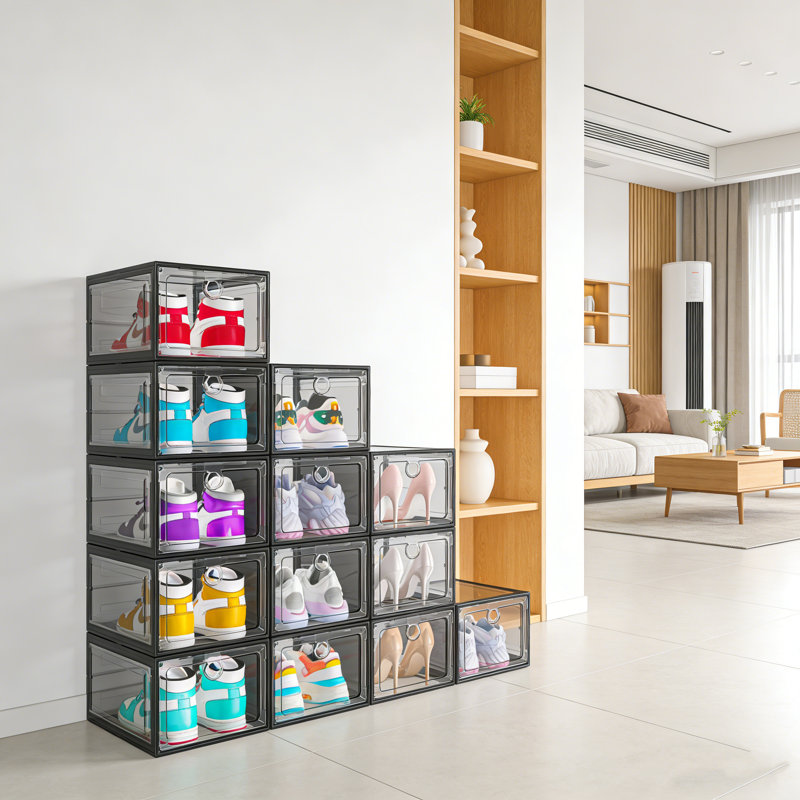Boîte à chaussures transparente à devant magnétique avec conception empilable pour économiser de l'espace, Noir