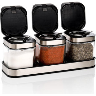 3 Pack Glass Seasoning Box With Tray, Clear Condiment Canister With 18/10 Stainless Steel Lid And Spoon, Kitchen Spice Pot With Base, Salt Pepper Sugar Storage Container Jar Cruet For Desk