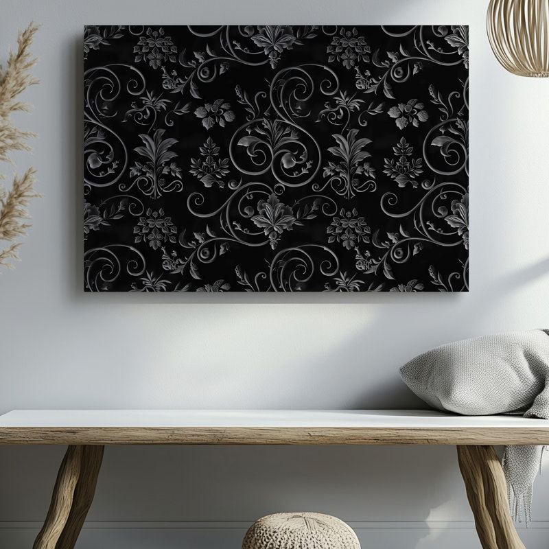 "Toile", créant un motif sans couture mettant en vedette des motifs floraux gothiques complexes sur un fond noir foncé