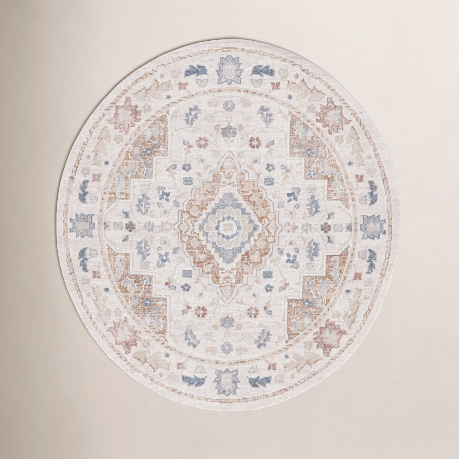 Mayhill Beige Rust Blue Machine Washable Rug, Round 6'7"