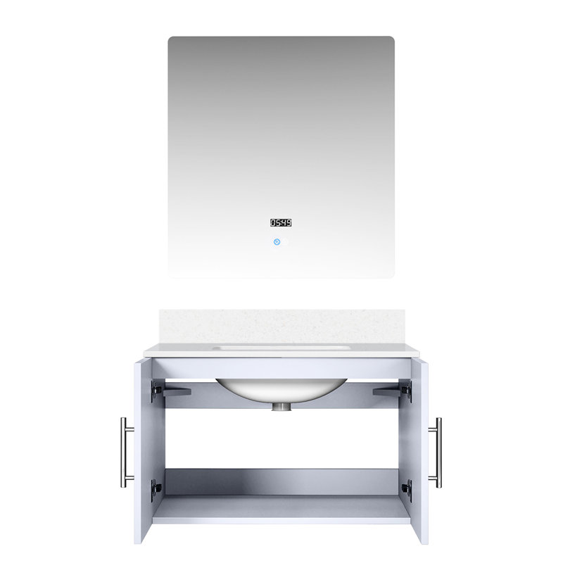 30 po Miroir à DEL et meuble-lavabo gris foncé avec quartz, robinet - armoire de salle de bain pratique blanche, surface