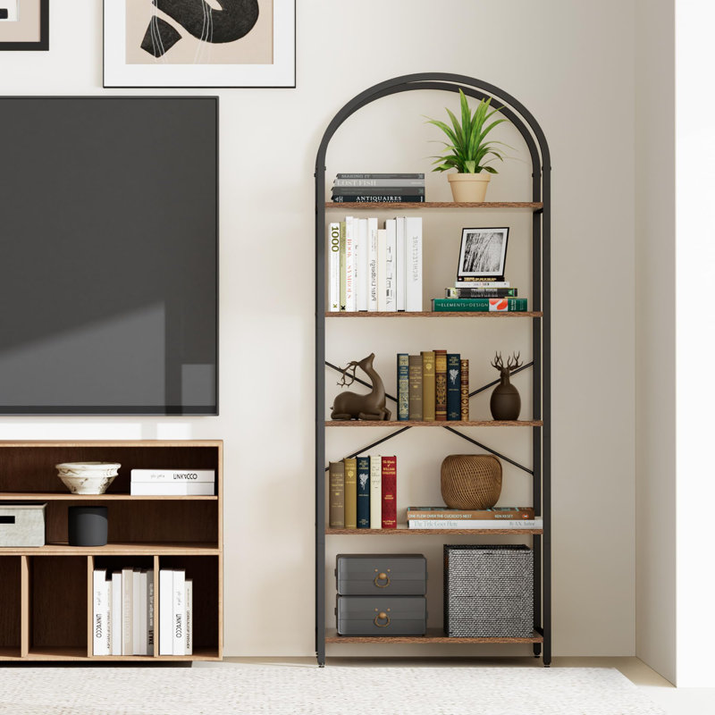 5-Tier Arched Bookcase - Rustic Brown & Black Wood And Metal Display Shelf Unit