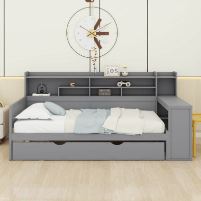 Lit de jour en bois avec tablettes de rangement, bureau intégré et lit gigogne simple, lit multifonctionnel avec bureau d'étude