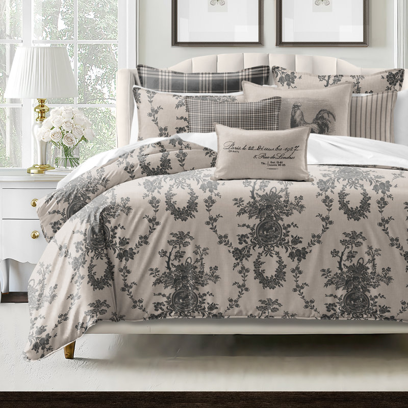 Country Lane Toile Ebony Cotton Duvet Cover Set  8 Piece, Super Queen Duvet Cover + 7 Additional Pieces