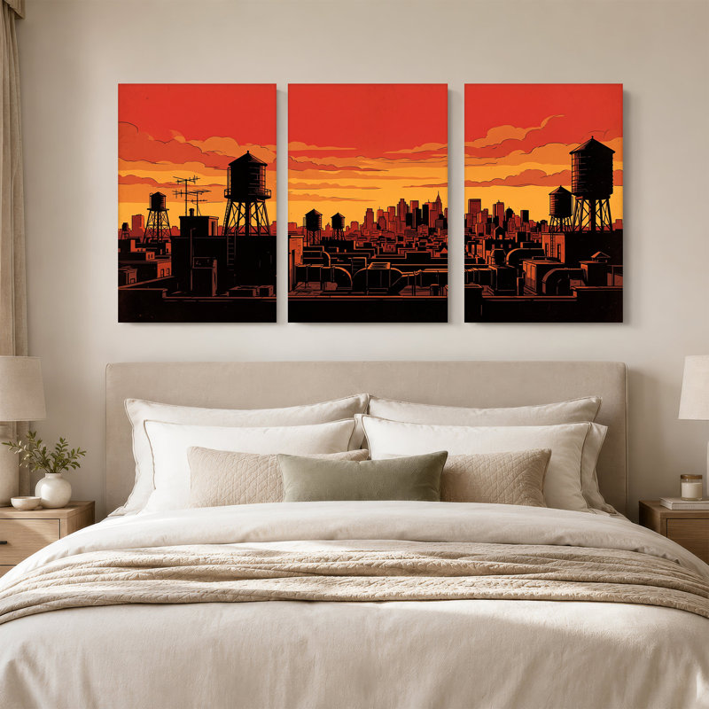 Toile urbaine avec tours d'eau au coucher du soleil, ensemble de 3 toiles, H 18 po x l 12 po x 3 pièces