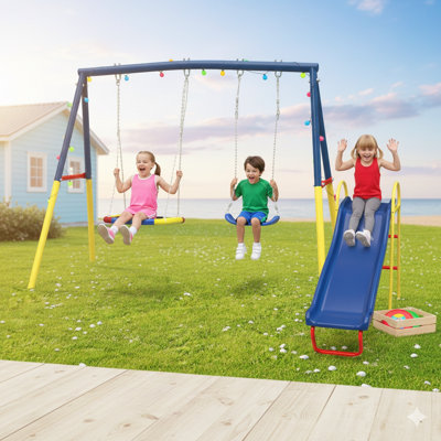 Ensemble de jeu de cour en métal robuste avec glissade, ensemble de balançoire d'extérieur 3 en 1 pour enfants