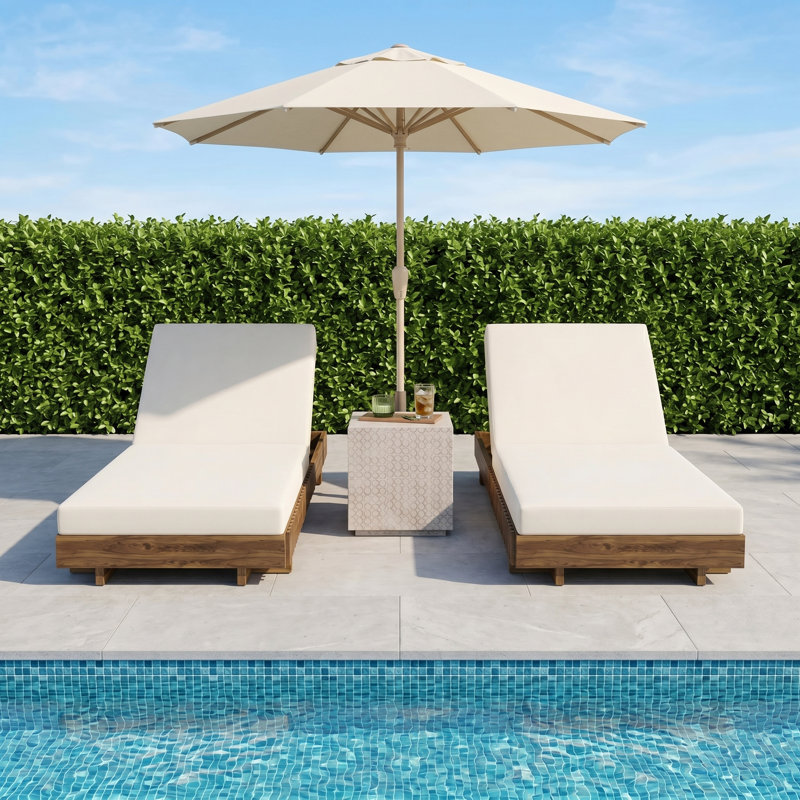 Ensemble de chaises longues en bois massif Acacia, dossier inclinable extérieur réglable à 6 positions avec coussin résistant à l'eau pour la cour de la piscine