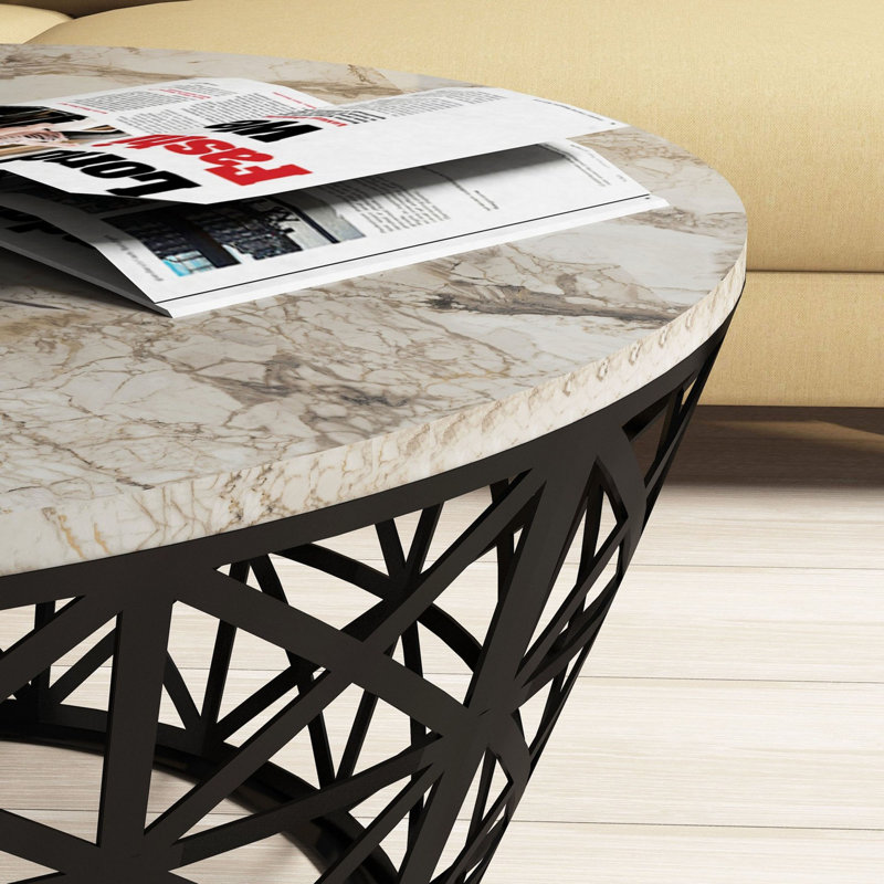 Table basse moderne, conception géométrique, 35,4 x 15,0 x 35,4 pouces | 100% panneau de particules enduit de mélamine et cadre 100% métal | Finition blanche, durable et élégante pour les espaces de salon et de détente, assemblage facile