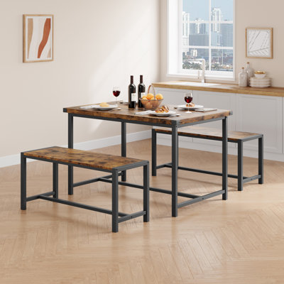 Ensemble de table de salle à manger pour 4 personnes, table de cuisine en bois avec 2 bancs, ensemble de salle à manger rectangulaire 3 pièces, peu encombrant pour appartement, petit espace, maison, brun rétro