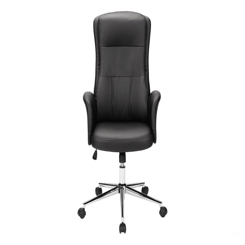 Chaise de bureau, pivotante, hauteur réglable, accoudoirs, ergonomique, travail, aspect cuir noir, métal chromé, contemporaine, moderne