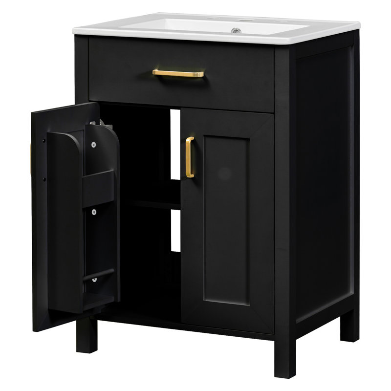 Meuble-lavabo 24 po - Élégant meuble en bois massif noir + lavabo en céramique avec trop-plein et meuble-lavabo pratique. Poignées dorées, 2 portes à fermeture douce, rangement fonctionnel. L 24,2 po x P 18,5 po