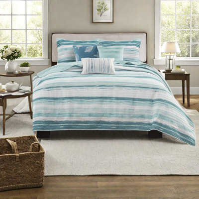 Serene Aqua Bedding Sets, 6-piece Reversible Cotton Quilt With Coastal Style