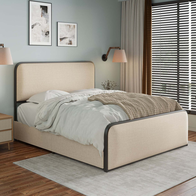 Structure de lit de rangement en métal avec revêtement incurvé, 4 tiroirs, Grand, Beige