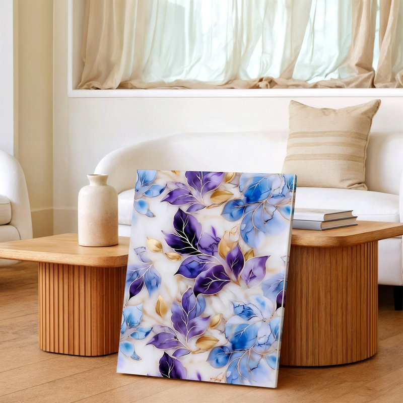 Abstrait floral, feuilles, bleu, mauve, or, botanique, impression sur toile, floral, botanique, abstrait, moderne, or, accent bleu, bleu