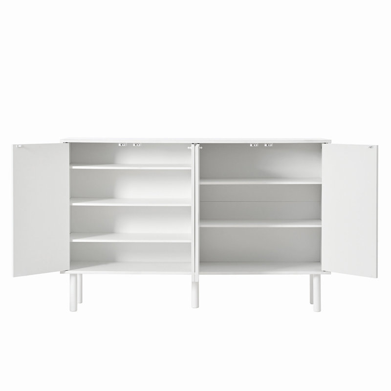 Armoire à chaussures minimaliste avec 5 pieds en bois massif, buffet de style crème avec portes cannelées, grande armoire de rangement à 4 portes avec tablettes réglables pour le salon, 55,1 x 13,7 po