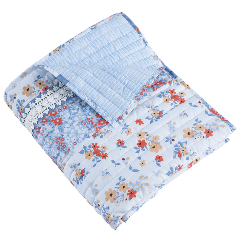 Light Blue Floral Lace Embellished Reversible Throw Blanket