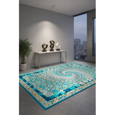 Tapis vert tissé à motif floral lavable Mosso