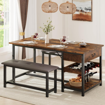 Ensemble de table de salle à manger de cuisine avec revêtement avec tiroirs de rangement et support à vin